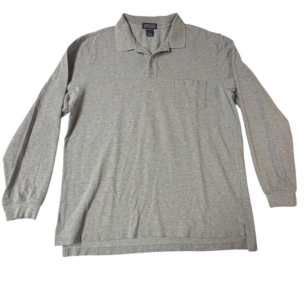 Lands End Long Sleeve Polo Shirt Gray Pique Knit Pocket Mens L 42-44 Regular